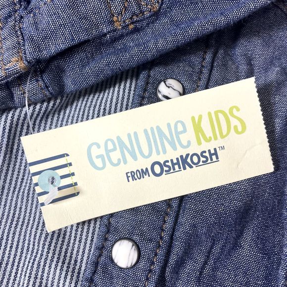 NWT Oshkosh Genuine toddler Blue Denim Jeans Snap Button up Boys Shirt Size 18M - Picture 6 of 7